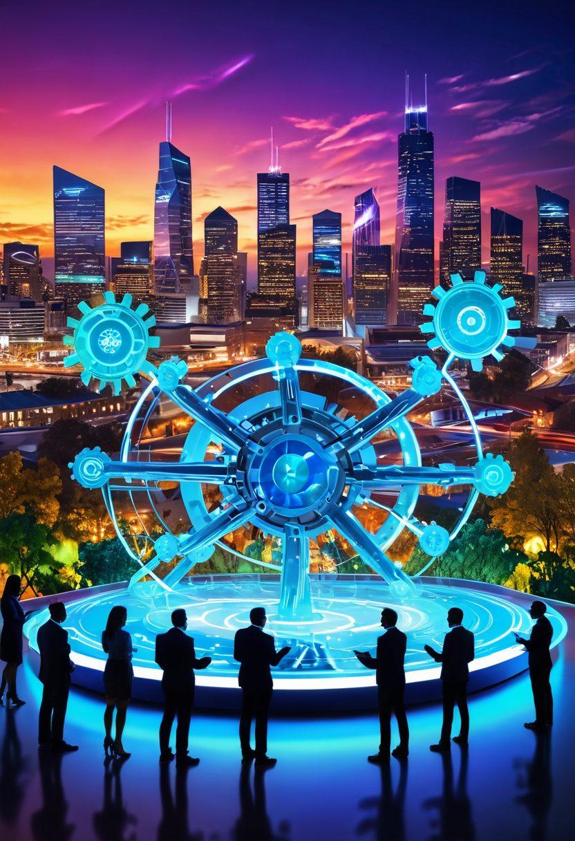 A futuristic digital ecosystem with interconnected gears symbolizing innovation and collaboration, surrounded by diverse professionals engaging in brainstorming sessions. The background features a vibrant cityscape with technology integrated into nature, representing harmony. Overlay dynamic data streams and glowing connections to emphasize synergy. super-realistic. vibrant colors. 3D.
