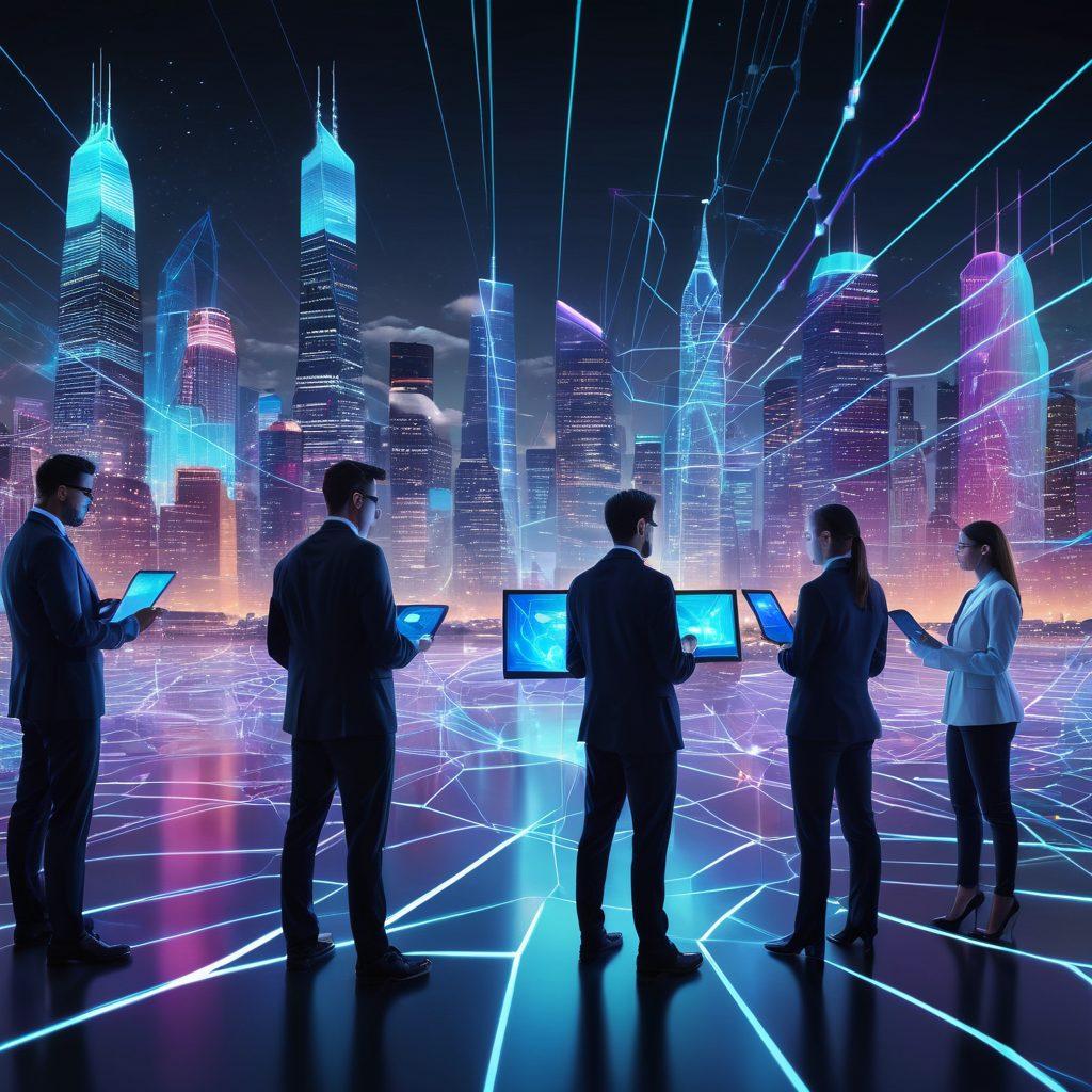 A dynamic network scene illustrating diverse professionals collaborating around digital devices, with vibrant connections (like glowing lines) radiating between them. Incorporate elements of modern technology, such as holograms and digital interfaces, that represent innovative solutions. The background should depict a futuristic urban skyline, suggesting growth and transformation. super-realistic. vibrant colors. 3D.
